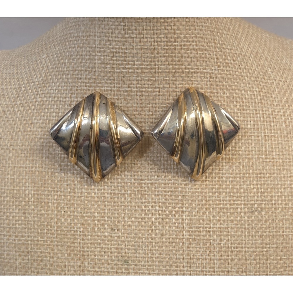 Vintage Bayanihan 14k Yellow Gold &‎ Sterling Silver Modernist Puffy Earrings